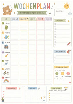 Cute kids weekly planner in German with colorful illustrations. Perfect for organizing school, homework, sports, and free time. Includes gratitude and goal sections.