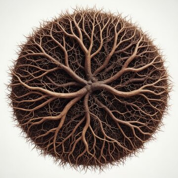 Intricate Network of Roots Forming a Circular Pattern on a White Background.