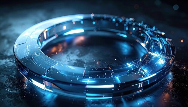 A futuristic, glowing blue toroidal structure with illuminated circuits and bokeh effects.
