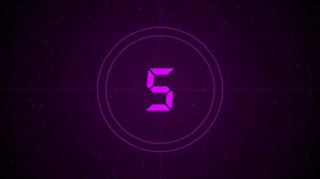 Sci-fi digital countdown effect from 1 to 5 with circular radar on a computer monitor, neon counting numbers animation.