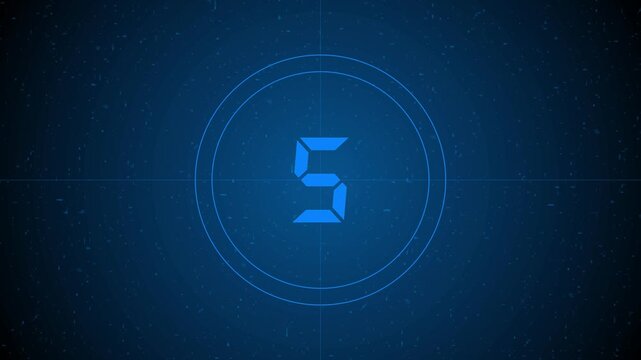 Sci-fi digital countdown effect from 1 to 5 with circular radar on a computer monitor, neon counting numbers animation.