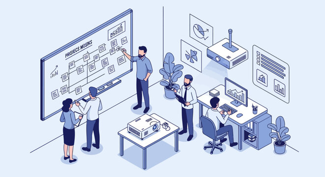 Team collaborating on a project using a large interactive whiteboard and computers.