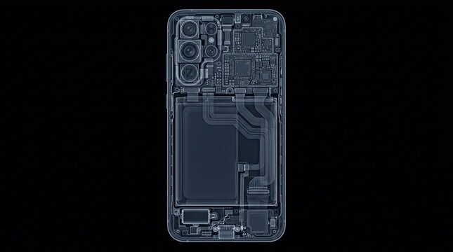 An x-ray scan of a smartphone displays its internal battery, microchips, and camera lenses. mobile technology, hardware engineering, digital anatomy.