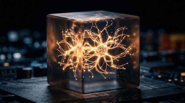 Glowing neural energy web trapped inside a transparent cube on a dark circuit board. futuristic technology, quantum physics, artificial intelligence.