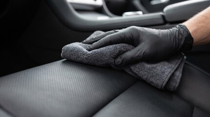 A person wearing a black glove cleans a black leather car interior using a microfiber cloth, professional auto detailing, car wash service, vehicle care.