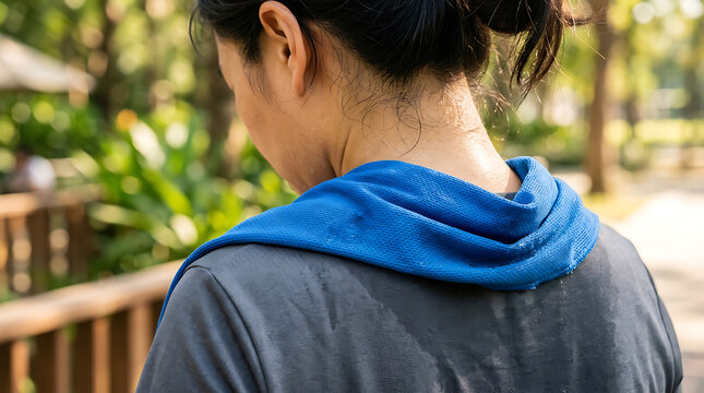 Woman's Excessive Back Sweat After Outdoor Exercise: Hyperhidrosis, Heat Rash, and Dehydration Symptoms