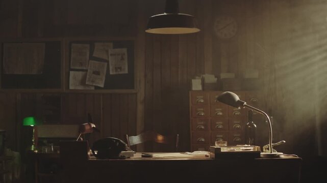 A cinematic shot of an old private investigator's office filled with dust particles dancing in sunlight rays.