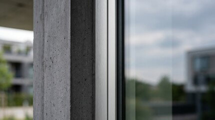 Fototapeta premium Close-up of a modern raw concrete pillar beside a sleek metal window frame reflecting the sky. modern architecture detail, urban construction, minimalist design.