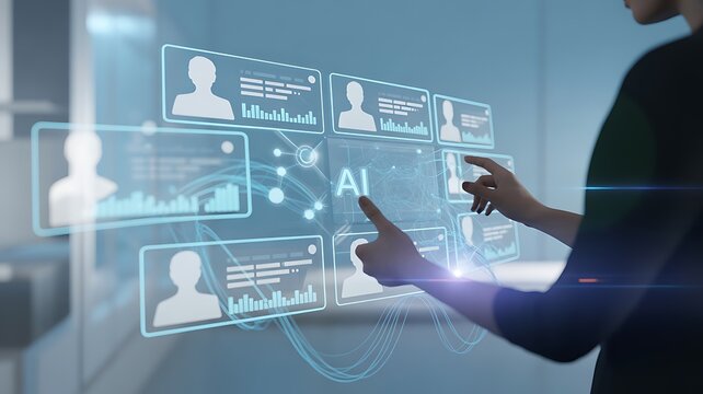 HR manager selecting virtual candidate profile for digital recruitment hiring. Smart AI technology system screening human talent. Future hr management data for professional job career. 