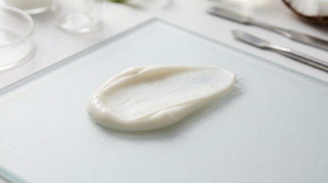 White cosmetic cream smear on a frosted glass board surrounded by metallic spatulas, skincare formulation, beauty product development, cosmetic lab.