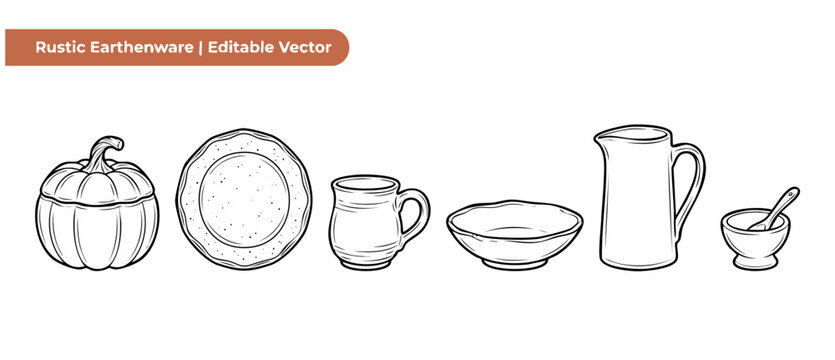Rustic earthenware vector icon set featuring handmade ceramic pottery kitchenware line art illustrations including plates, bowls and cups isolated on white background for cozy home cooking designs.