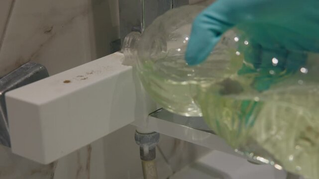Cleaning with acid, Handheld tracking shot of person scrubbing bathroom faucet and mixer with green sponge on marble wall.