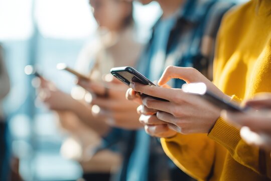 Group young people stand together each absorbed in browsing, typing on their smartphones. Digital addiction, social media, mobile application. Social network society generation, internet online. Gen Z