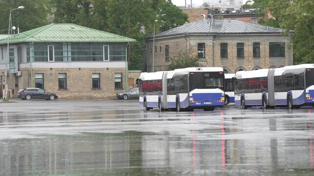 A fleet of modern articulated public transit buses parked at an open-air terminal station on a wet rainy day, emphasizing urban logistics and mass transport