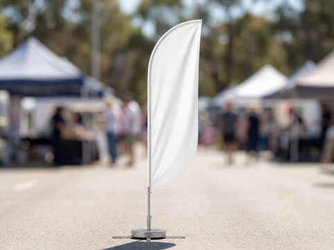 blank white feather flag banner stand mockup outdoor event centered clean product template concept about feather flag banner on stand with empty fabric area for event advertising and outdoor brand