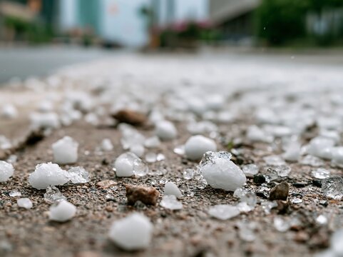 Scattered hailstones on a city street after a powerful thunderstorm triggered by extreme summer heat, illustrating climate-related weather extremes and urban storm impacts