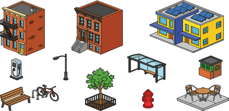 Isometric eco friendly city buildings and green urban infrastructure vector icons set featuring solar roof apartments brownstone brick townhouse ev charger bicycle rack and street furniture 