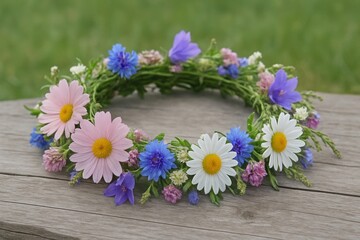 Fototapeta premium Floral wreath on wooden surface.
