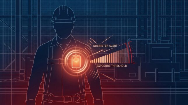 This scene depicts a silhouette of a worker wearing a smart PPE device that indicates dosimeter alert and exposure levels in an industrial setting.
