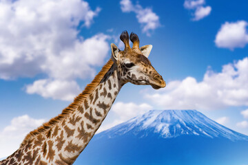 Wildlife safari, African nature. Giraffe portrait against blue sky and mountain landscape in Kenya savanna. © Grispb