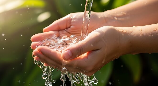 Cupped hands holding flowing water with sunlight