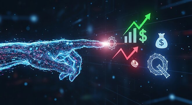 Digital hand pointing at financial growth and investment symbols.