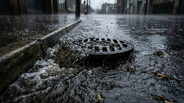 Urban Stormwater Management: Heavy Rain Draining into Sewer Grate on City Street for Flood Prevention & Infrastructure