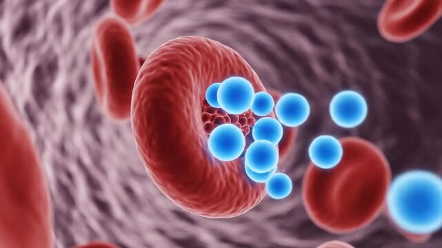 Medical illustration of hemoglobin transporting oxygen in blood cells
