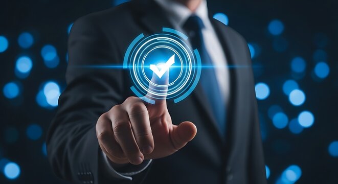 Businessman pressing glowing blue checkmark button