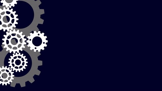 Minimalist industrial background featuring a cluster of white and grey gears on a dark blue backdrop for technology and engineering concepts with a simple flat design style