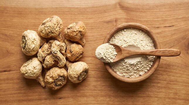 Maca Root Powder Energy Adaptogen Flat Lay Close-Up Honey Wood Background