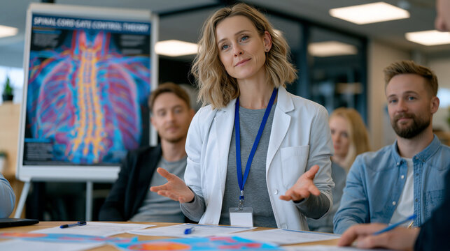 Pain management nurse educator leads small chronic pain patient workshop in clinic meeting room using spinal cord gate control theory poster on stand while participants complete personal pain diary 