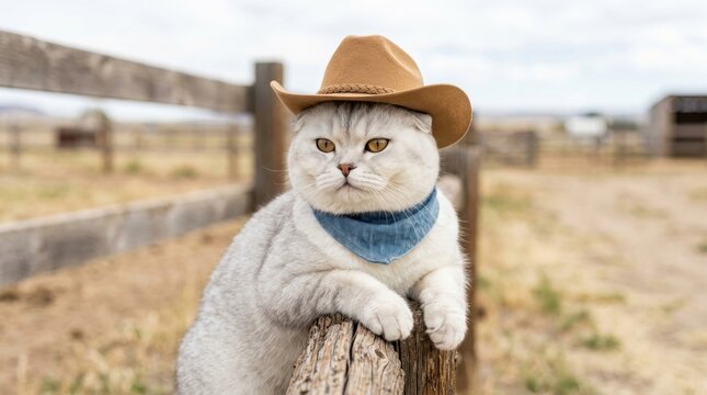 Silver cowboy cat leaning both front paws over a weathered fence post at an open ranch, wearing a tan braided hat and blue bandana with blurred paddocks, dry pasture, and calm overcast light