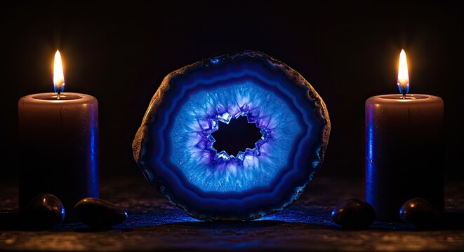 Glowing blue agate with candles dark.