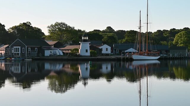 Mystic, Connecticut, USA - Mystic Seaport Lighthouse at Sunrise Along Waterfront Harbor