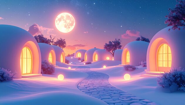 Futuristic, snow-covered settlement under a full moon, with glowing orbs