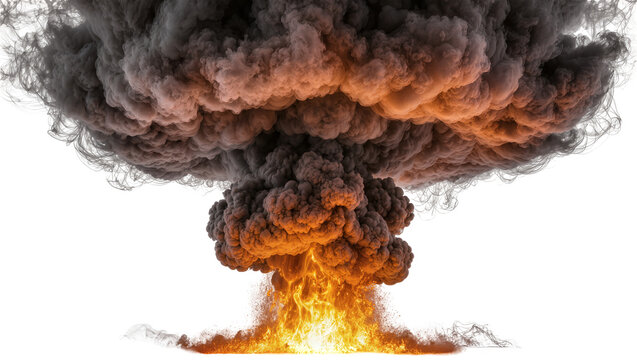 Massive mushroom cloud explosion with orange flames, isolated on transparent background