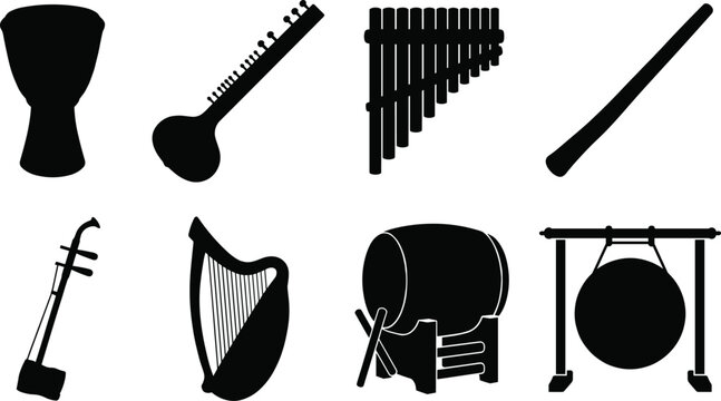 World Music Instrument Silhouette Collection with Traditional and Percussion Icons