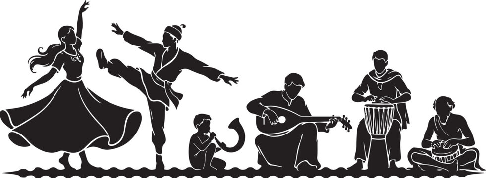 Silhouette illustration of traditional dancers and musicians performing live
