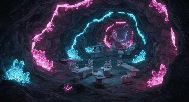 Glowing neon lights in dark cave.