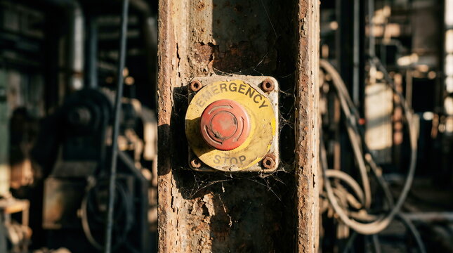 Emergency stop button, rusty and worn with cobwebs, on old machinery in grungy industrial factory, safety warning concept.