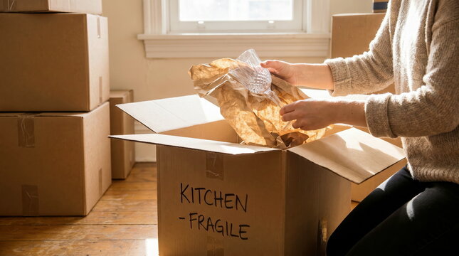 Moving: Hands carefully wrapping fragile kitchen items, placing into cardboard box in bright room, home relocation.