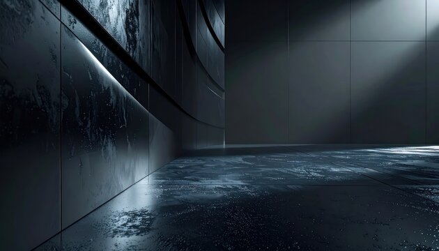 A dark, futuristic hallway with sleek, wet floors and moody lighting.