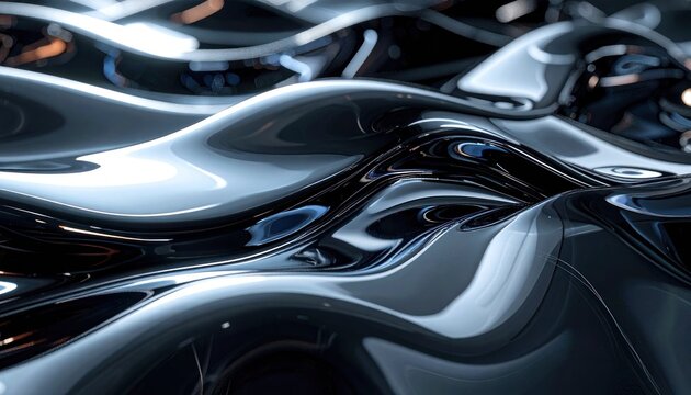 A close-up view of undulating, reflective, metallic surfaces with a dark, futuristic aesthetic.