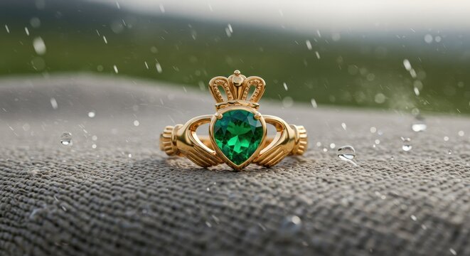 Gold Claddagh Ring with Emerald Stone.