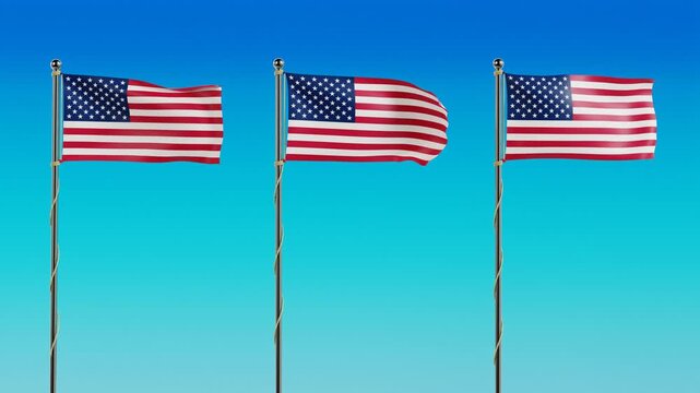 Three United States national flags wave in unison on poles in this 4K looping 3D animation, set against a vibrant blue sky gradient background. Patriotic commercial video projects, Sport event.