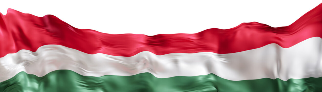 The flag of Hungary is displayed at the bottom of the scene. It has three horizontal stripes in red, white, and green. The design is cut out and presented in a 3D render style