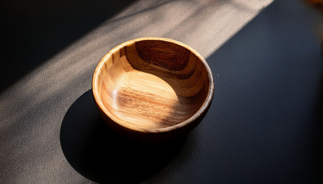 Wooden Bowl On A Dark Surface Sunlit
