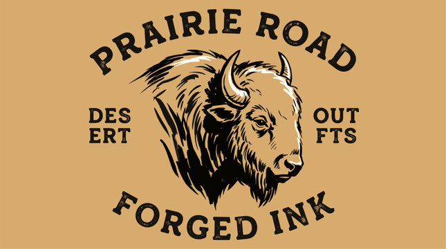 Bison logo design.. Prairie road emblem.. Buffalo head art.. Desert outfit logo.. Hand drawn wildl.