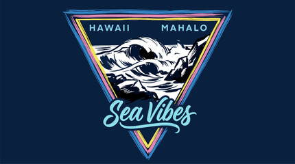 Hawaii Sea Vibes Surf Design. Retro Mahalo Wave Logo. Tropical Ocean Art. Surf Graphic. Aloha. © panji